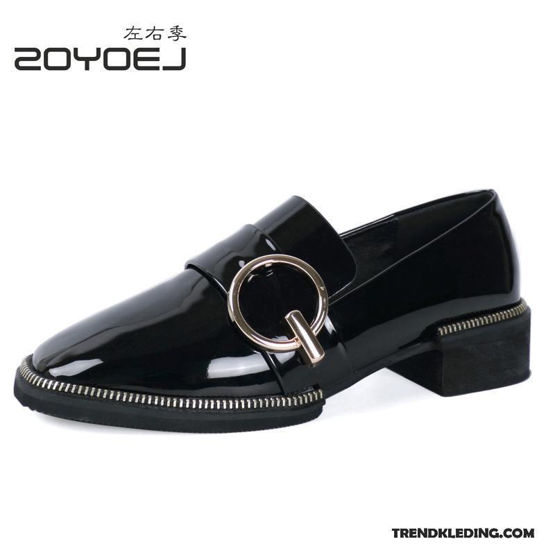 Mocassins Dames Lakleer Loafers Pumps Dikke Zool Schoenen Leren Schoenen Zwart