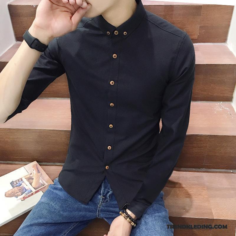 Overhemd Heren Casual Slim Fit Werkkleding Trend Herfst Mannelijk Zuiver Wit Blauw