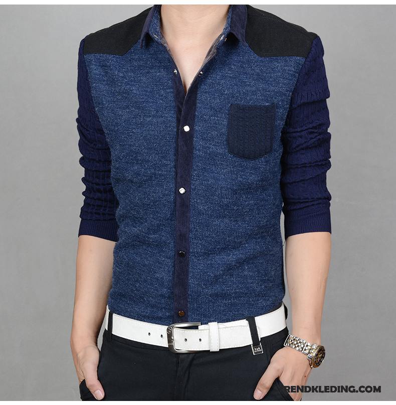 Overhemd Heren Dikke Mannelijk Lange Mouwen Herfst Verbinding Trend Blauw