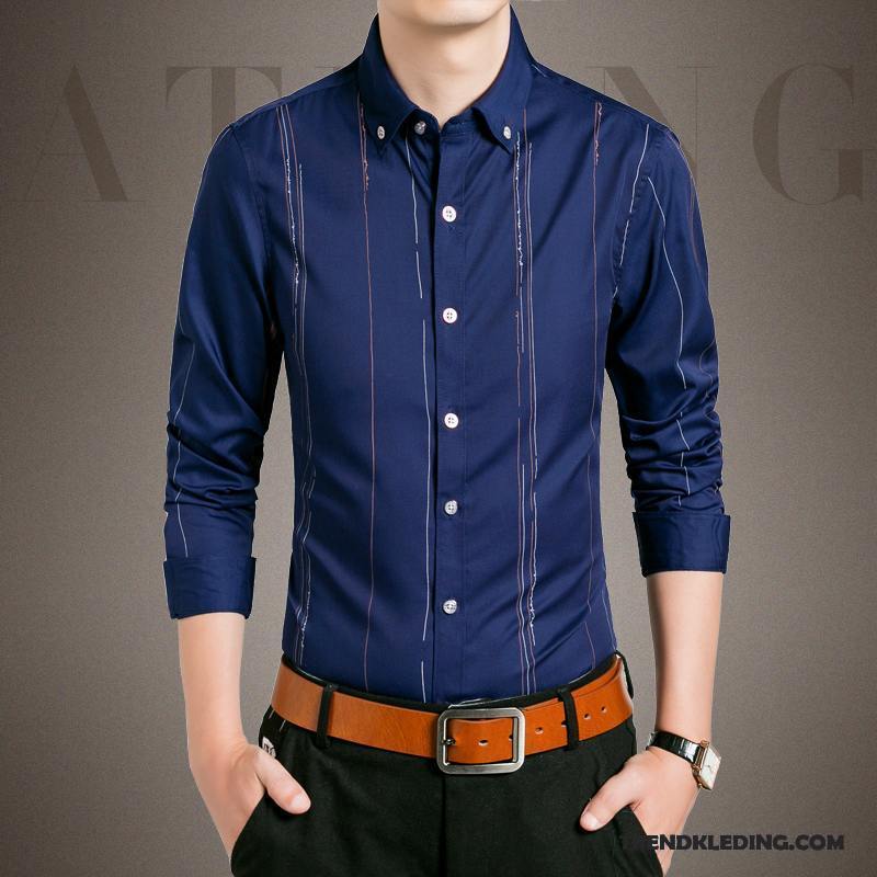 Overhemd Heren Slim Fit Bedrijf Trend Bedrukken Mannelijk Lange Mouwen Blauw Wit