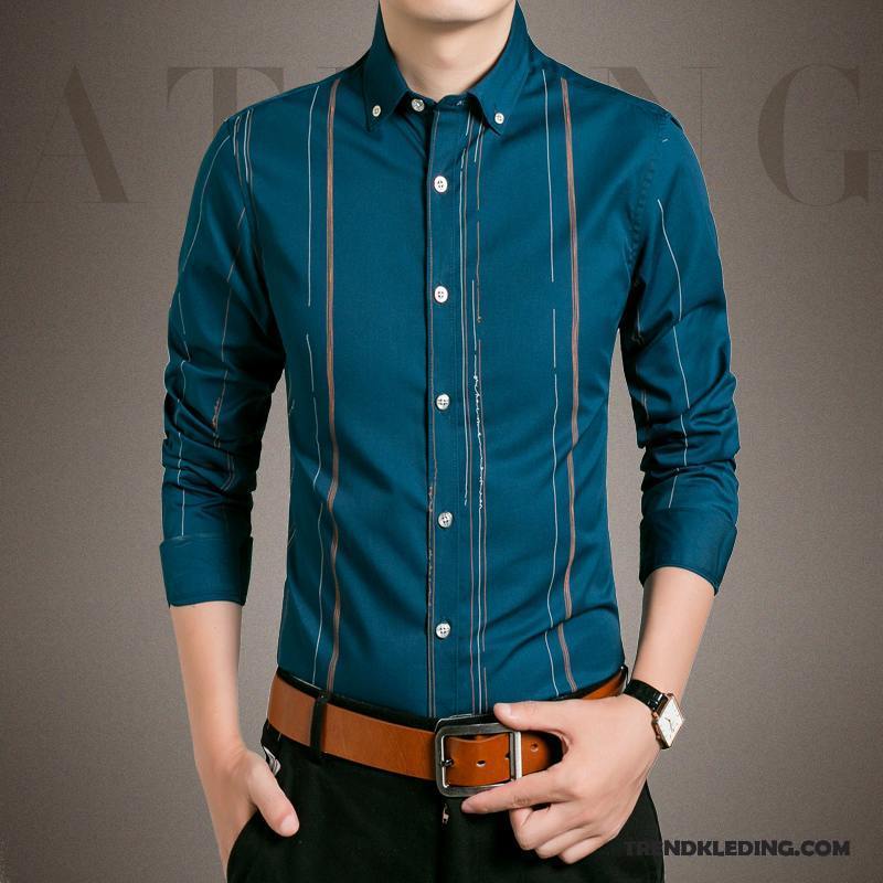 Overhemd Heren Slim Fit Bedrijf Trend Bedrukken Mannelijk Lange Mouwen Blauw Wit