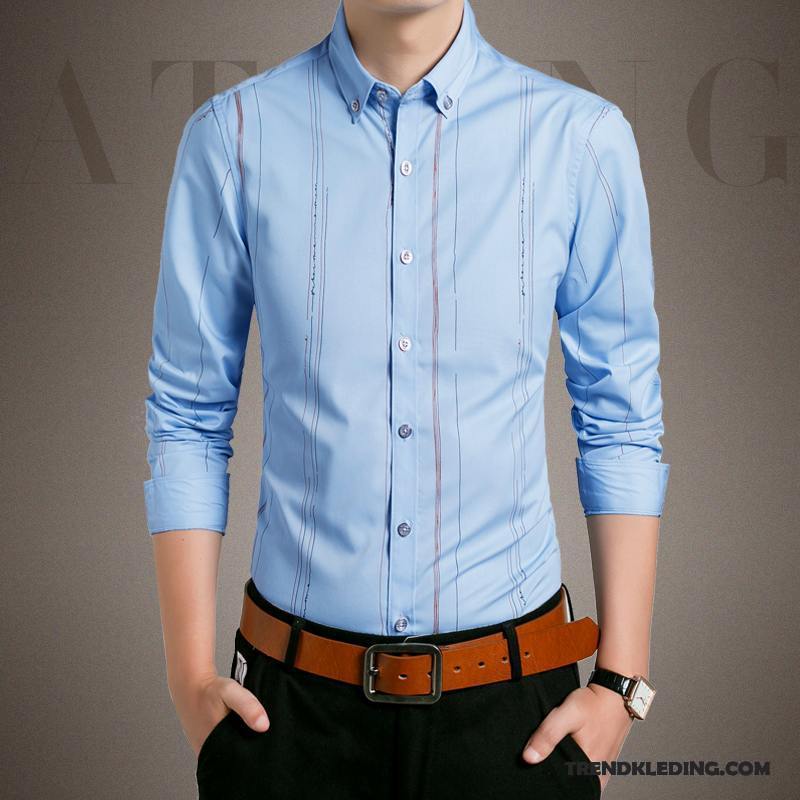 Overhemd Heren Slim Fit Bedrijf Trend Bedrukken Mannelijk Lange Mouwen Blauw Wit