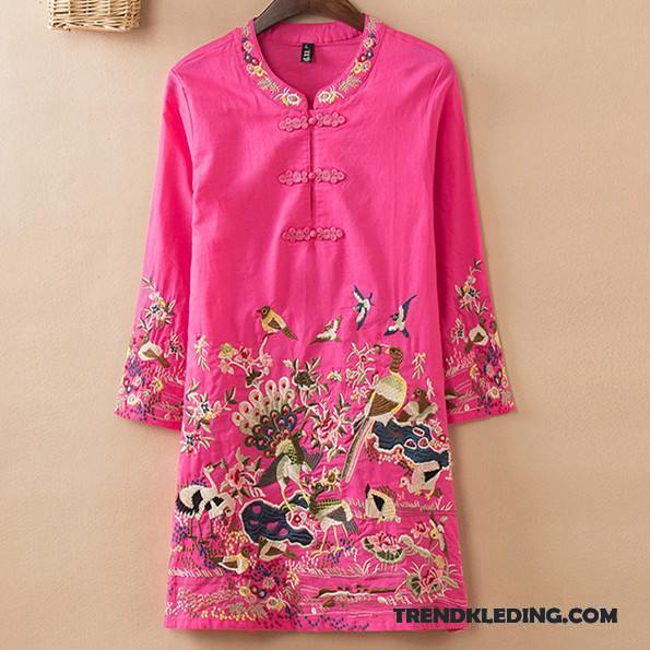 Overhemd Korte Mouw Dames Losse Blouse Overhemd Lang Geborduurde Grote Maten Jasje Roze Rood