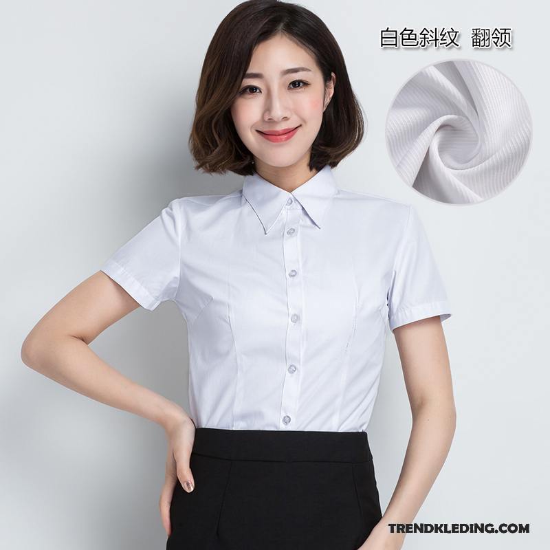 Overhemd Korte Mouw Dames Zomer Werkkleding Katoen Halve Mouw Blouse Overhemd Grote Maten Wit