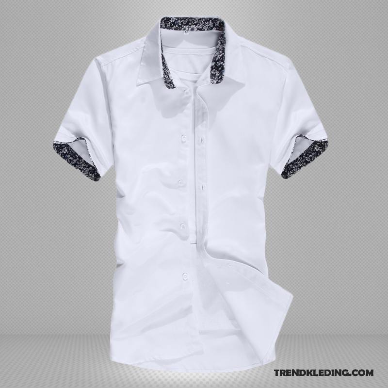 Overhemd Korte Mouw Heren Casual Mannelijk Slim Fit Overhemd Kort Mouw Halve Mouw Trend Zuiver Wit Wit Zwart