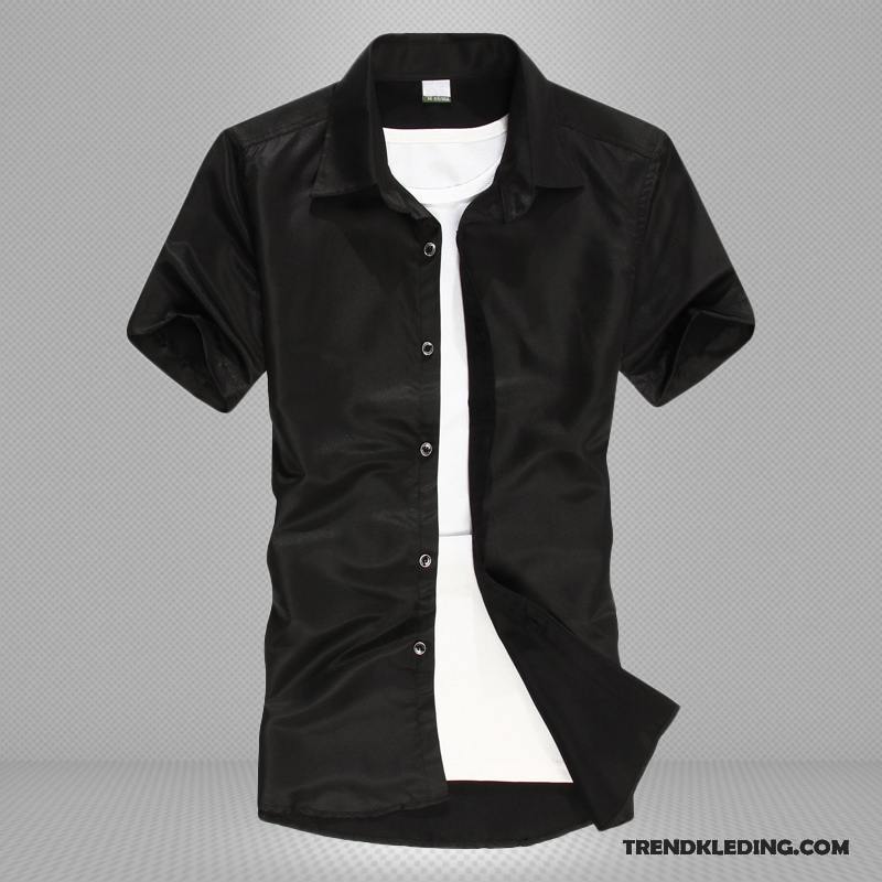 Overhemd Korte Mouw Heren Casual Mannelijk Slim Fit Overhemd Kort Mouw Halve Mouw Trend Zuiver Wit Wit Zwart