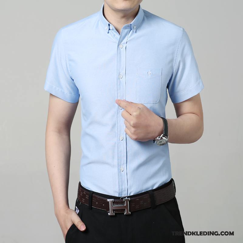 Overhemd Korte Mouw Heren Mannelijk Jeugd Zomer Slim Fit Overhemd Kort Mouw Trend Donkerblauw