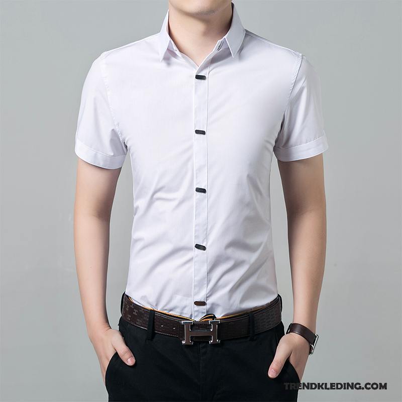 Overhemd Korte Mouw Heren Mooi Mannelijk Slim Fit Trend Casual Jeugd Paars Wit