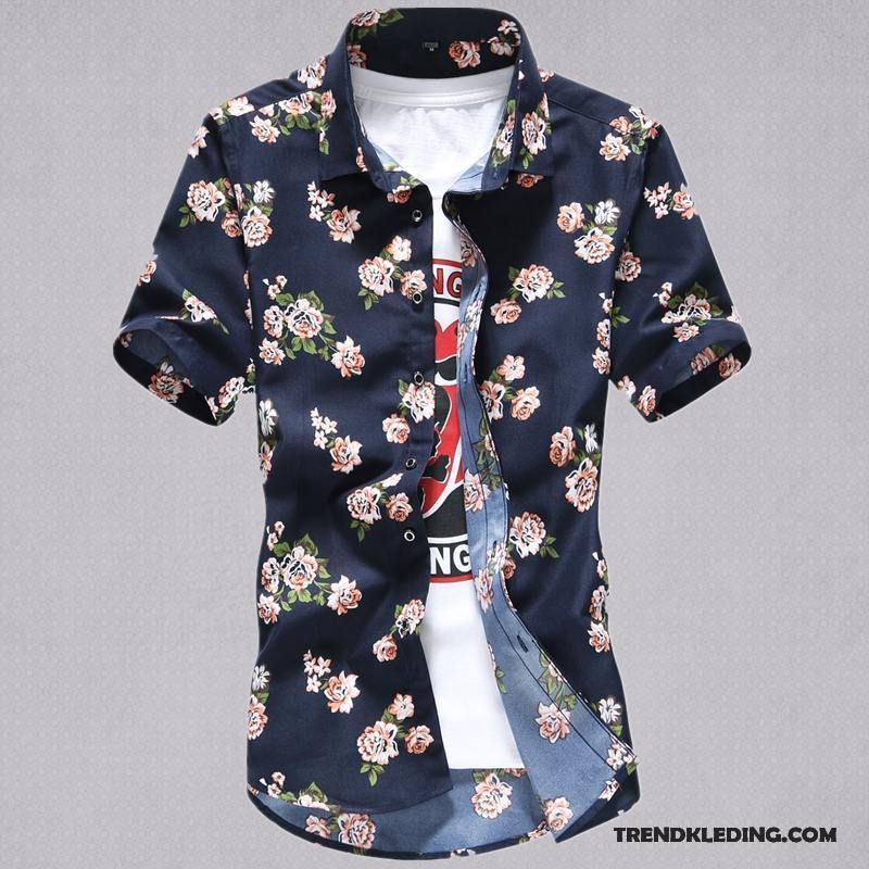 Overhemd Korte Mouw Heren Overhemd Kort Mouw Casual Slim Fit Mannelijk Jeugd Bloemen Wit Zwart