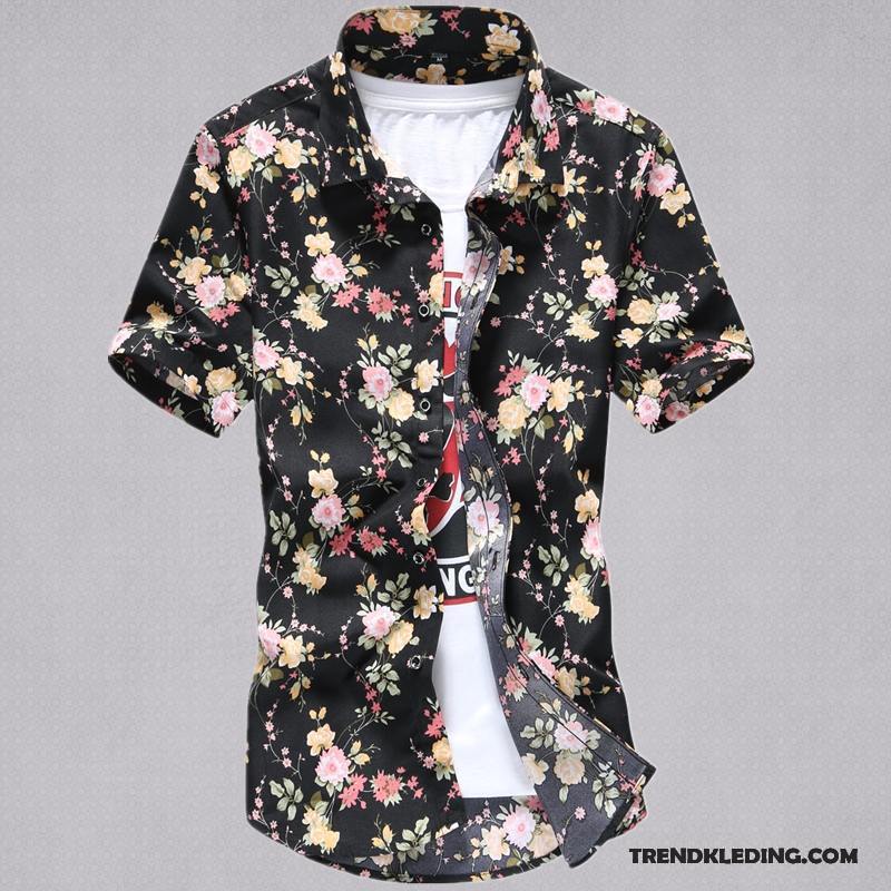 Overhemd Korte Mouw Heren Overhemd Kort Mouw Casual Slim Fit Mannelijk Jeugd Bloemen Wit Zwart