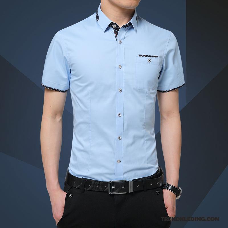 Overhemd Korte Mouw Heren Overhemd Kort Mouw Slim Fit Jasje Mode Trend Mannelijk Blauw