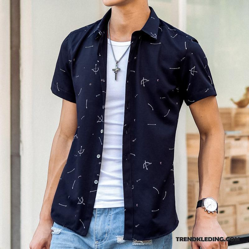 Overhemd Korte Mouw Heren Trend Bedrukken Overhemd Kort Mouw Slim Fit Jeugd Zomer Donkerblauw