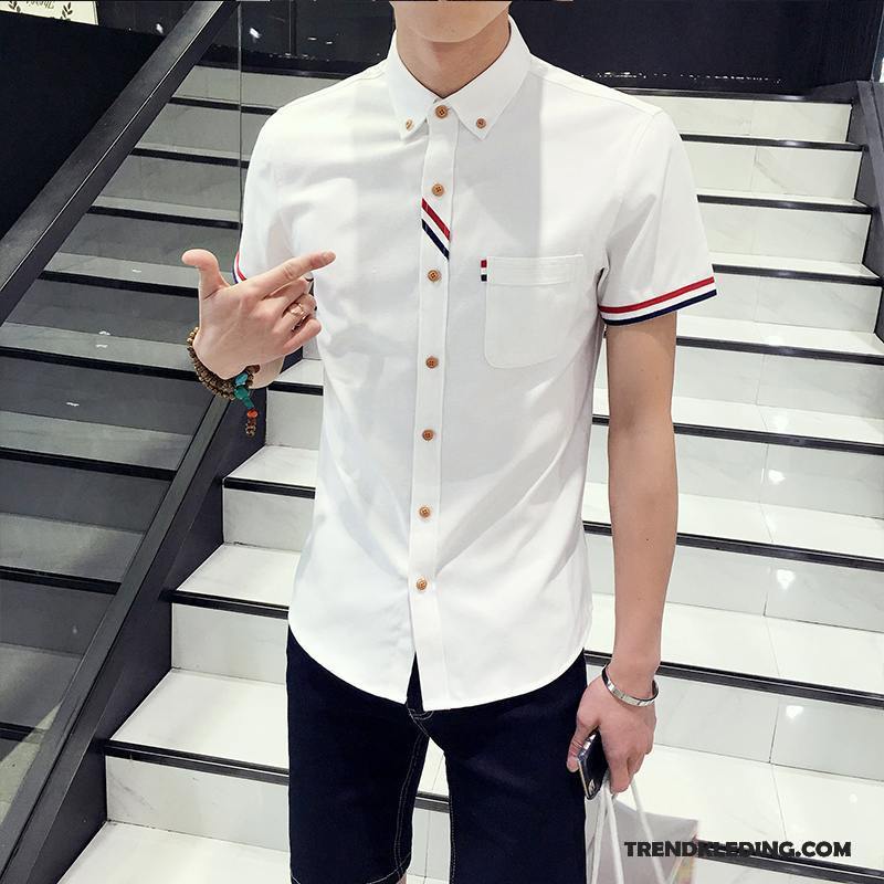 Overhemd Korte Mouw Heren Zomer Jeugd Mannelijk Casual Student Slim Fit Wit Grijs