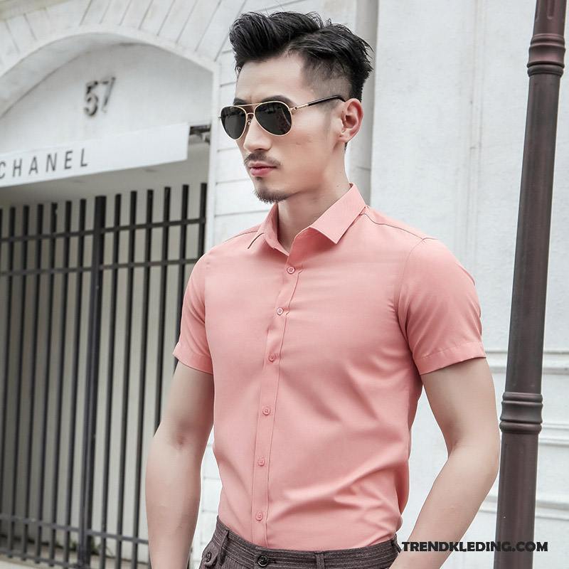 Overhemd Korte Mouw Heren Zomer Mooi Jeugd Overhemd Kort Mouw Casual Trend Effen Kleur Roze