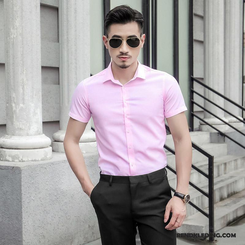 Overhemd Korte Mouw Heren Zomer Mooi Jeugd Overhemd Kort Mouw Casual Trend Effen Kleur Roze