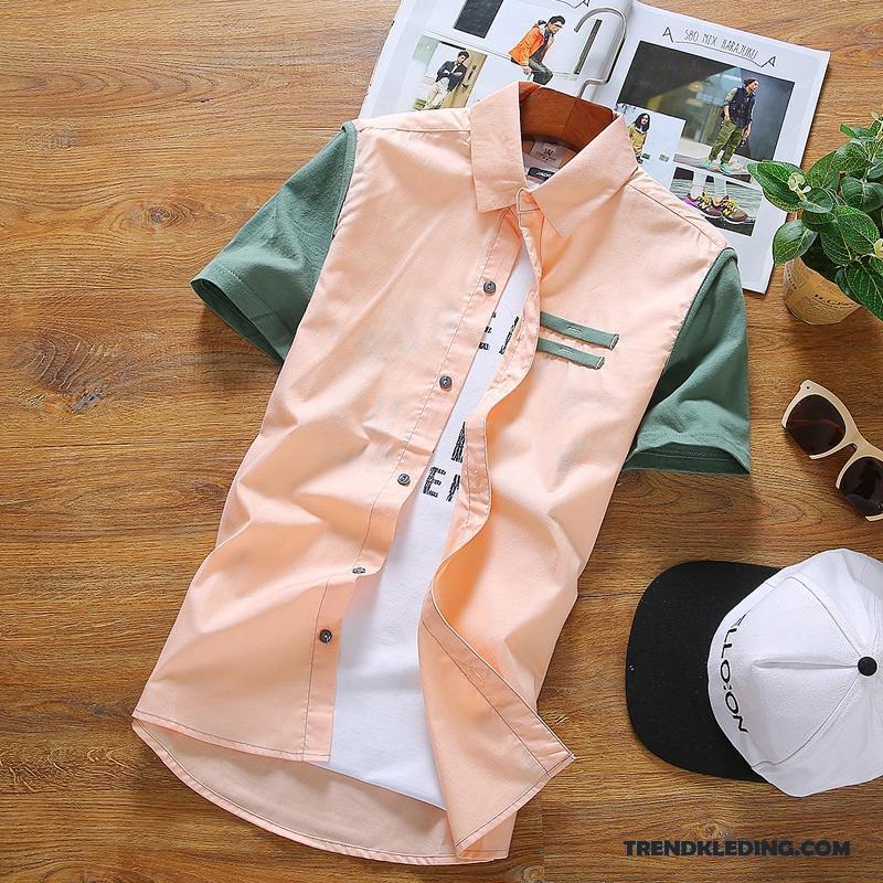 Overhemd Korte Mouw Heren Zomer Slim Fit Mannelijk Overhemd Kort Mouw Student Trend Roze Wit