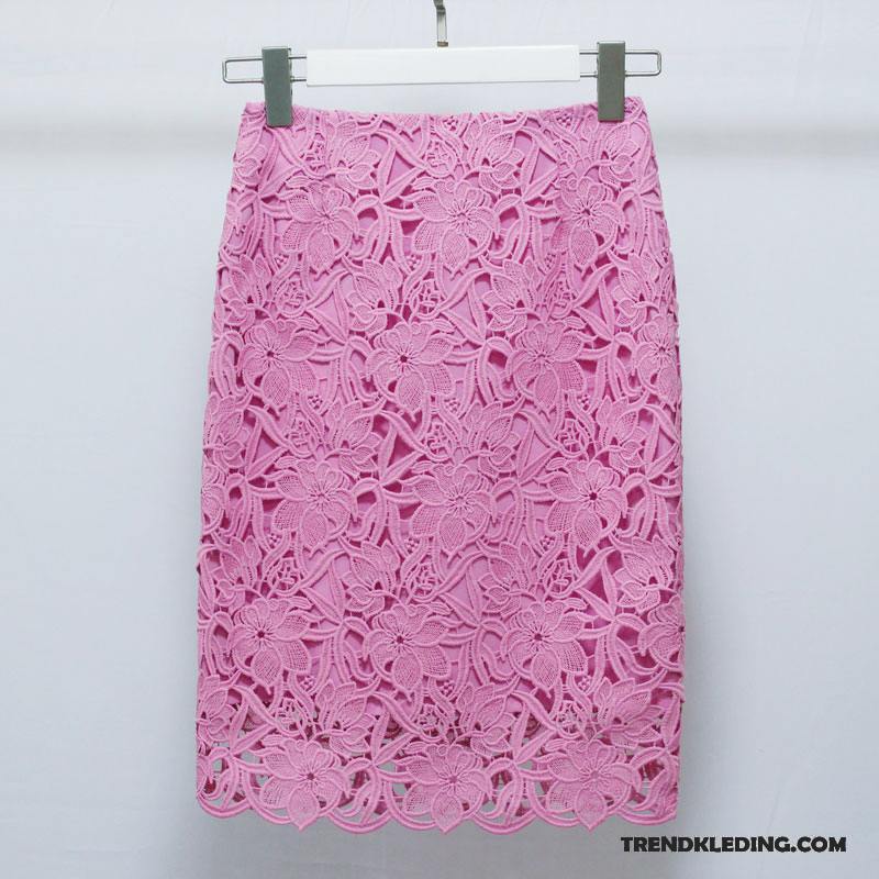 Rok Dames Dunne Grote Maten Hoge Taille Jurk Zomer Kant Roze Rood