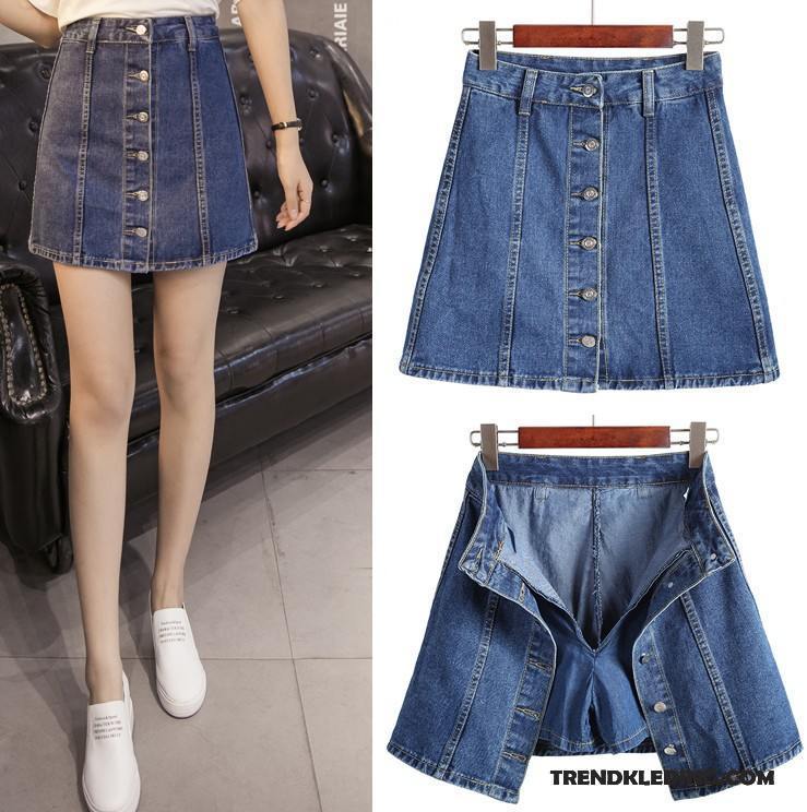 Rok Dames Met Één Rij Knoppen Hoge Taille Zomer Denim Student Korte Rokjes Donkerblauw