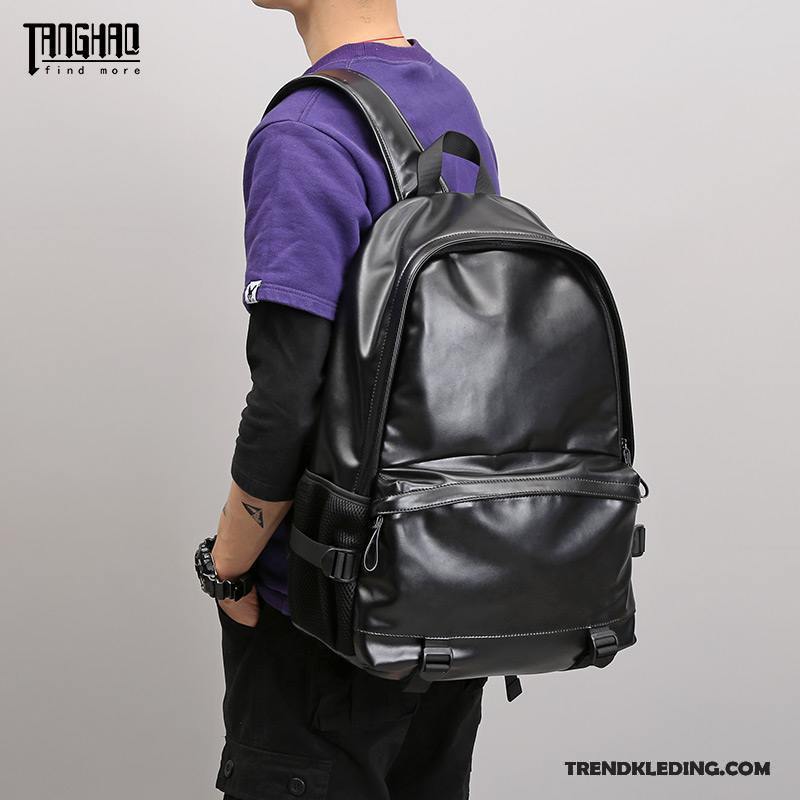 Rugzak Heren Student Casual Leer Schooltas Trend Reizen Zwart