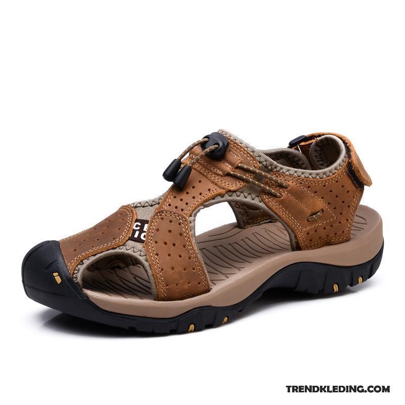 Sandalen Heren Echt Leer Outdoor Antislip Casual Sandaal Zomer Marineblauw Zandkleur