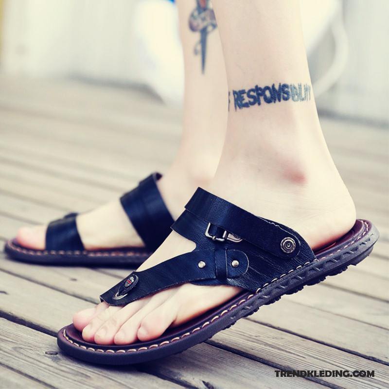 Sandalen Heren Echt Leer Slipper Pantoffels Sandaal Mannen Casual Blauw Zandkleur