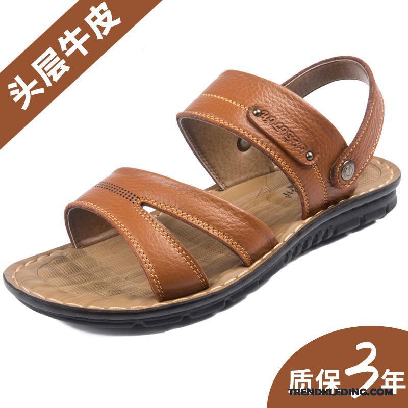 Sandalen Heren Leer Schoenen Trend Pantoffels Echt Leer Mannen Zandkleur Bruine