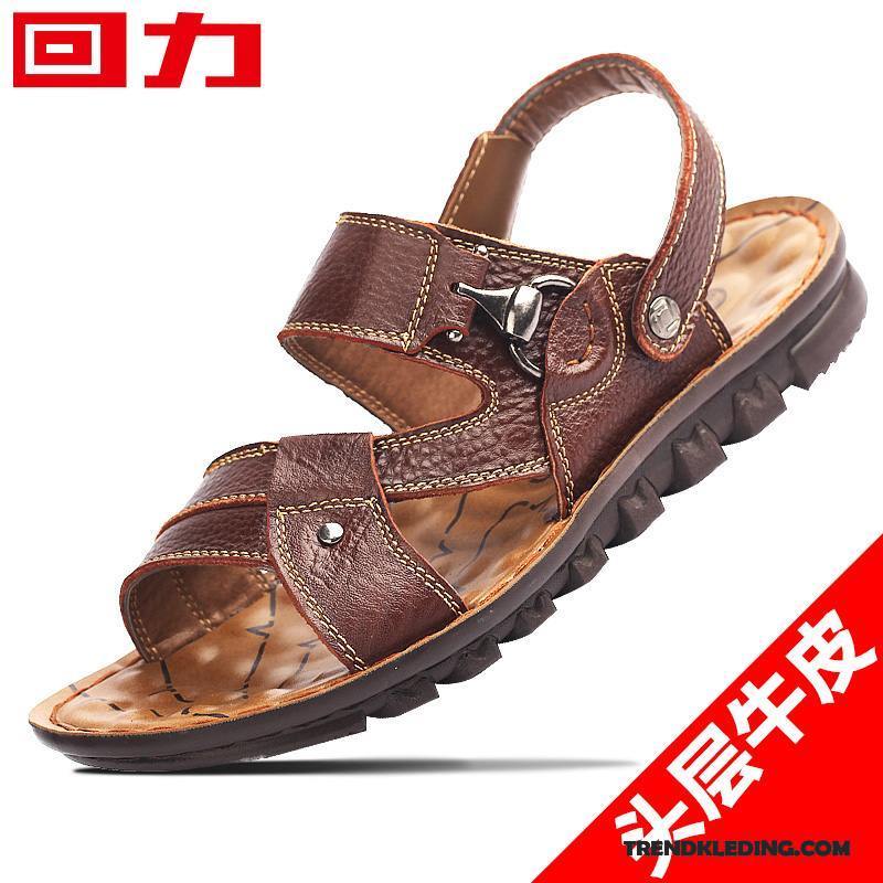 Sandalen Heren Mannen Leer Echt Leer Schoenen Trend Casual Zandkleur Zwart