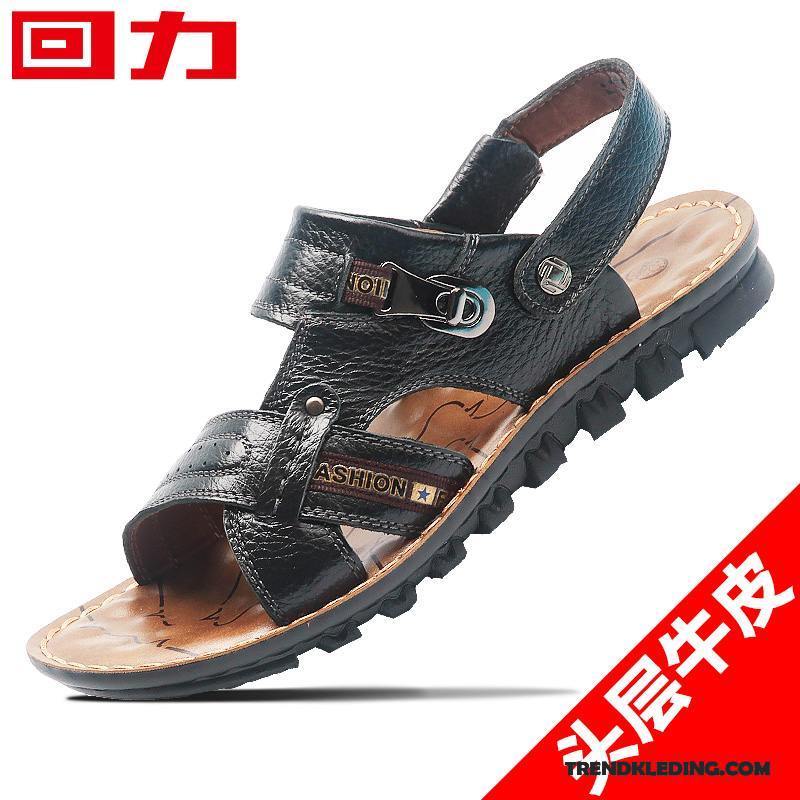 Sandalen Heren Mannen Leer Echt Leer Schoenen Trend Casual Zandkleur Zwart