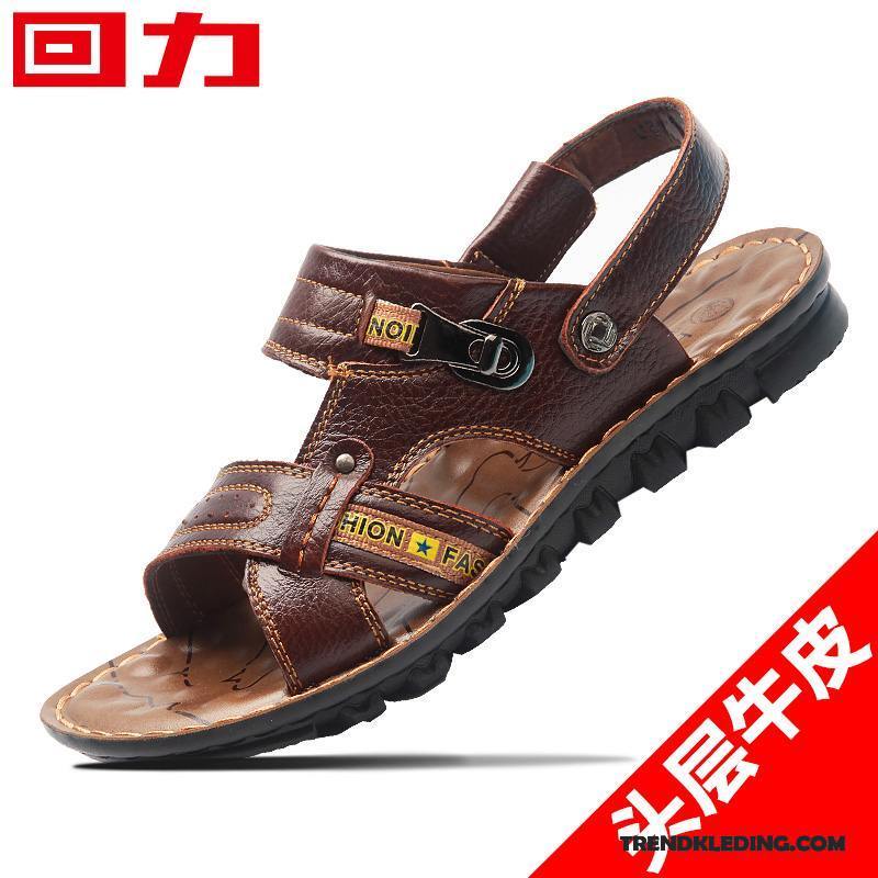 Sandalen Heren Mannen Leer Echt Leer Schoenen Trend Casual Zandkleur Zwart