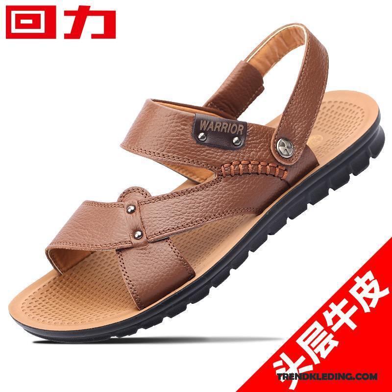 Sandalen Heren Mannen Leer Echt Leer Schoenen Trend Casual Zandkleur Zwart