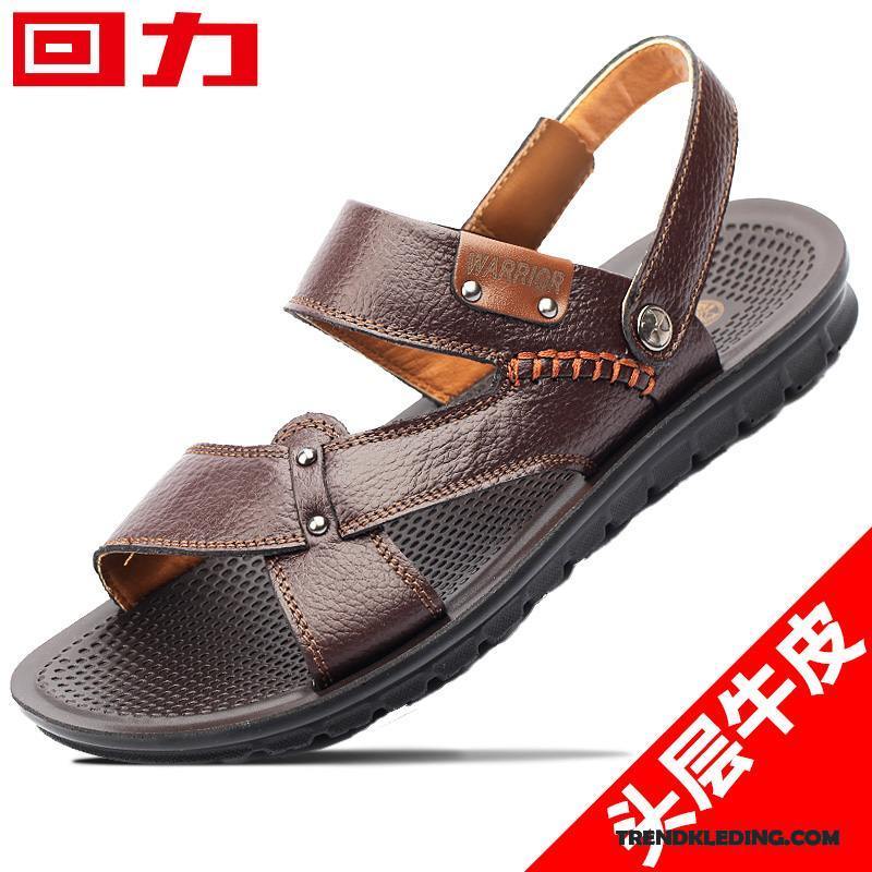 Sandalen Heren Mannen Leer Echt Leer Schoenen Trend Casual Zandkleur Zwart