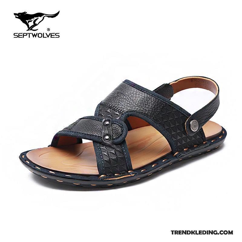 Sandalen Heren Strand Leer Wolf Sandaal Open Teen Casual Blauw Zandkleur