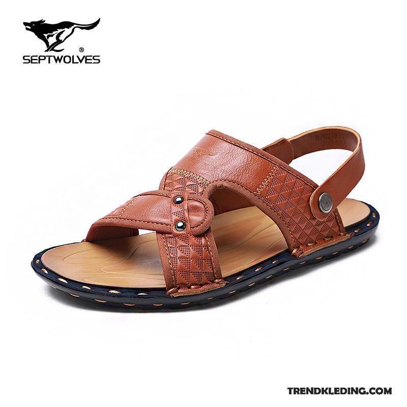 Sandalen Heren Strand Leer Wolf Sandaal Open Teen Casual Blauw Zandkleur