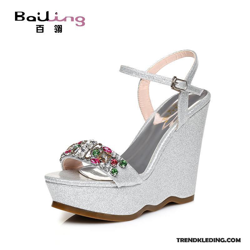 Sleehakken Dames Zomer Schoenen Platform Met Strass Hoge Hakken Sandaal Zilver