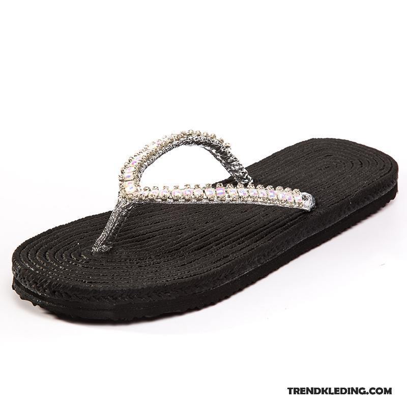 Slippers Dames Antislip Bovenkleding Mode Zomer Plat Met Strass Zandkleur Wit Beige