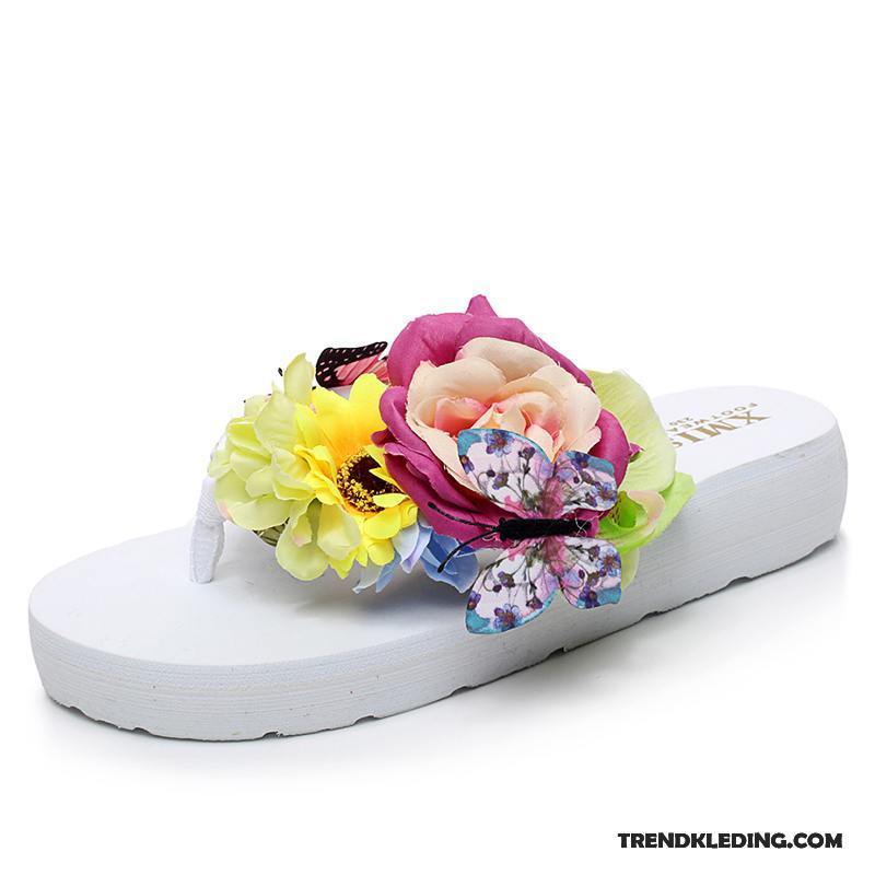 Slippers Dames Sleehak Mode Reis Zomer Antislip Bloemen Zandkleur Zwart