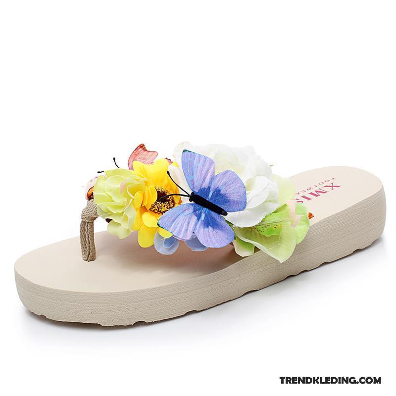 Slippers Dames Sleehak Mode Reis Zomer Antislip Bloemen Zandkleur Zwart