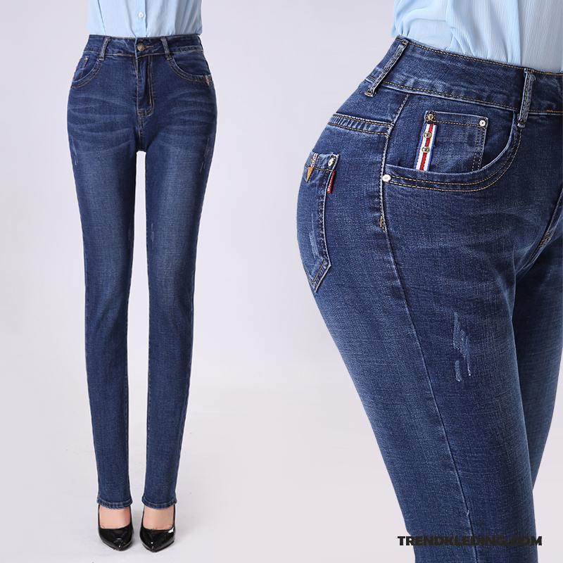 Spijkerbroek Dames Herfst Dunne Slim Fit Hoge Taille Spijkerbroek Jeans Rechtdoor Hemelsblauw