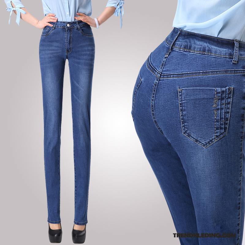 Spijkerbroek Dames Herfst Dunne Slim Fit Hoge Taille Spijkerbroek Jeans Rechtdoor Hemelsblauw