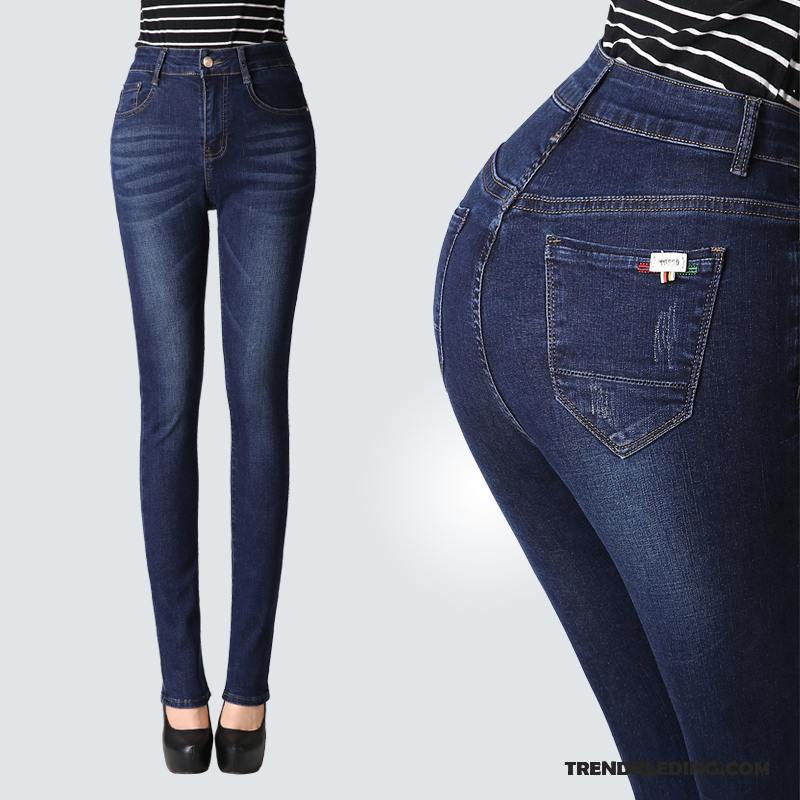 Spijkerbroek Dames Herfst Dunne Slim Fit Hoge Taille Spijkerbroek Jeans Rechtdoor Hemelsblauw