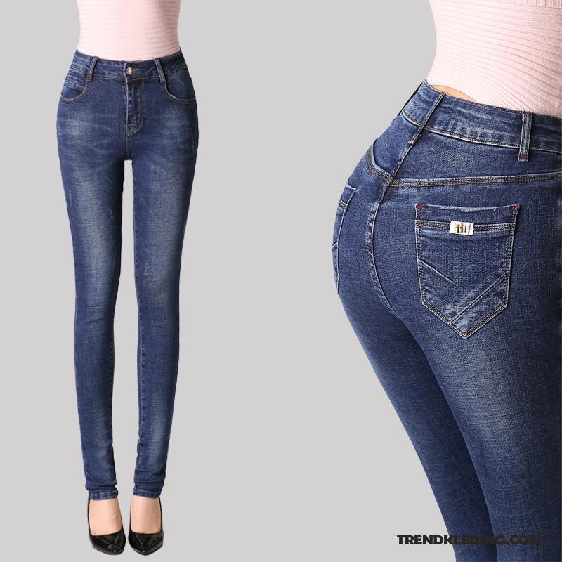 Spijkerbroek Dames Herfst Dunne Slim Fit Hoge Taille Spijkerbroek Jeans Rechtdoor Hemelsblauw