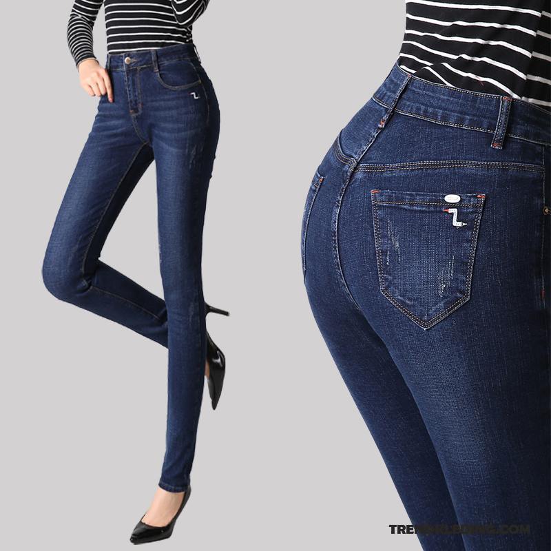 Spijkerbroek Dames Herfst Dunne Slim Fit Hoge Taille Spijkerbroek Jeans Rechtdoor Hemelsblauw