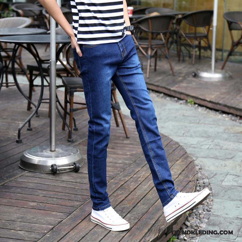 Spijkerbroek Heren Gaten Casual Potlood Broek Slim Fit Spijkerbroek Jeans Elastiek Lichtblauw