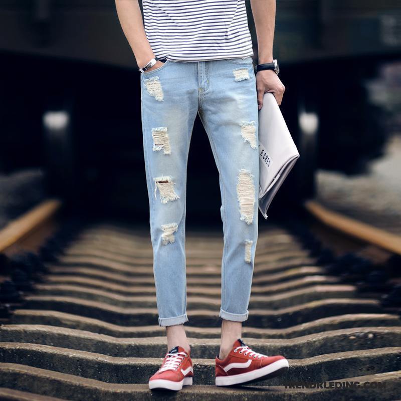 Spijkerbroek Heren Mannelijk Spijkerbroek Jeans Trend Gaten Slim Fit Mini Blauw Licht