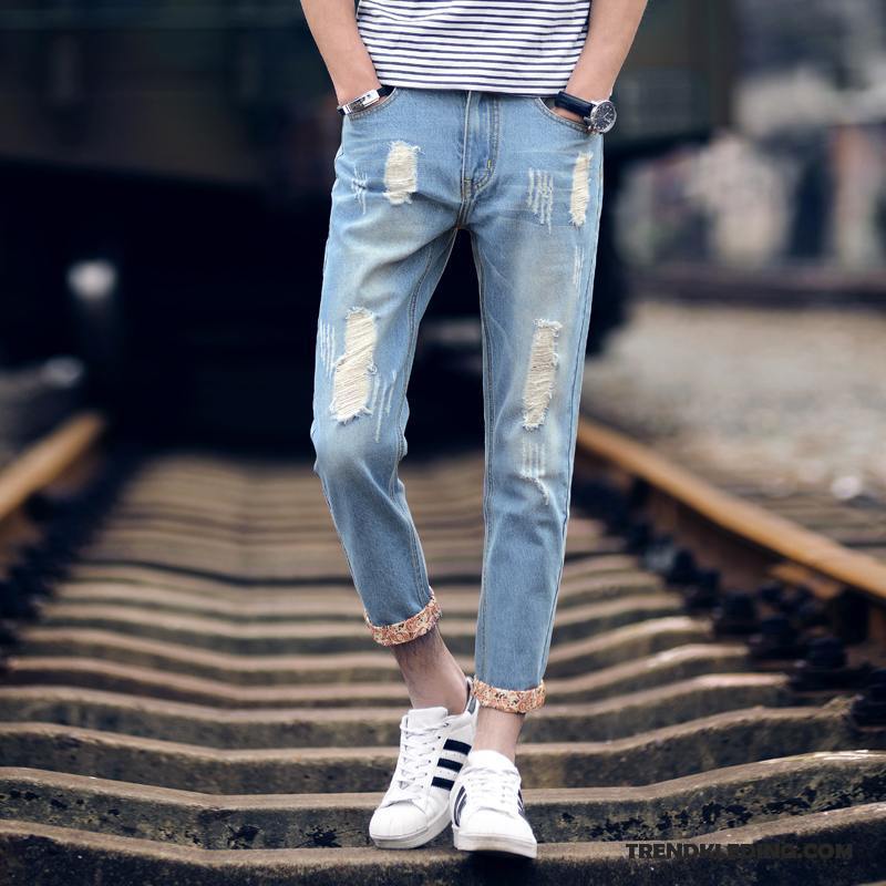 Spijkerbroek Heren Mannelijk Spijkerbroek Jeans Trend Gaten Slim Fit Mini Blauw Licht