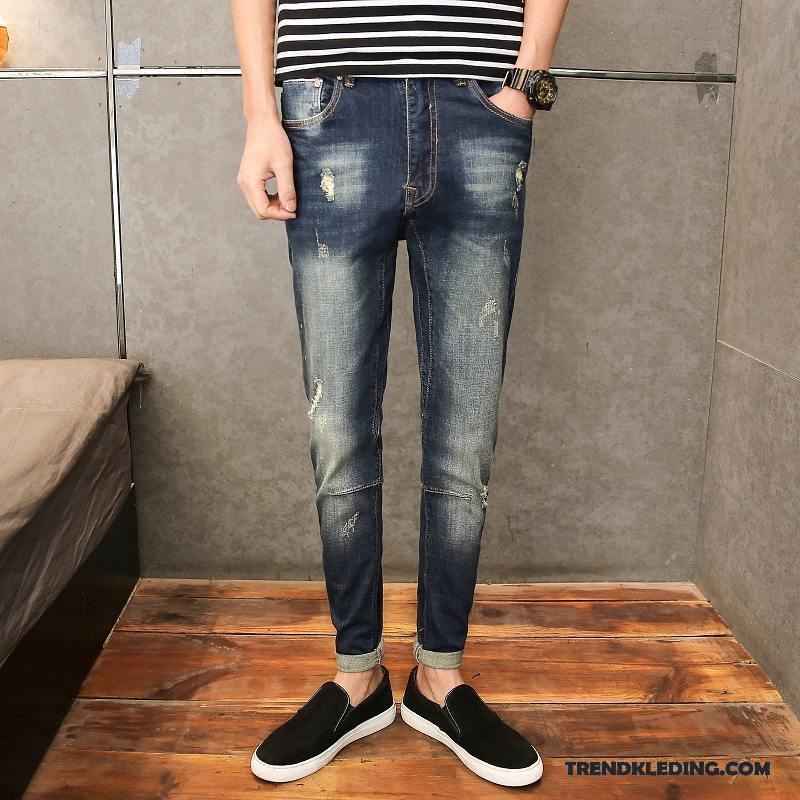 Spijkerbroek Heren Slim Fit Spijkerbroek Jeans Gaten Mini Mannelijk Rechtdoor Blauw