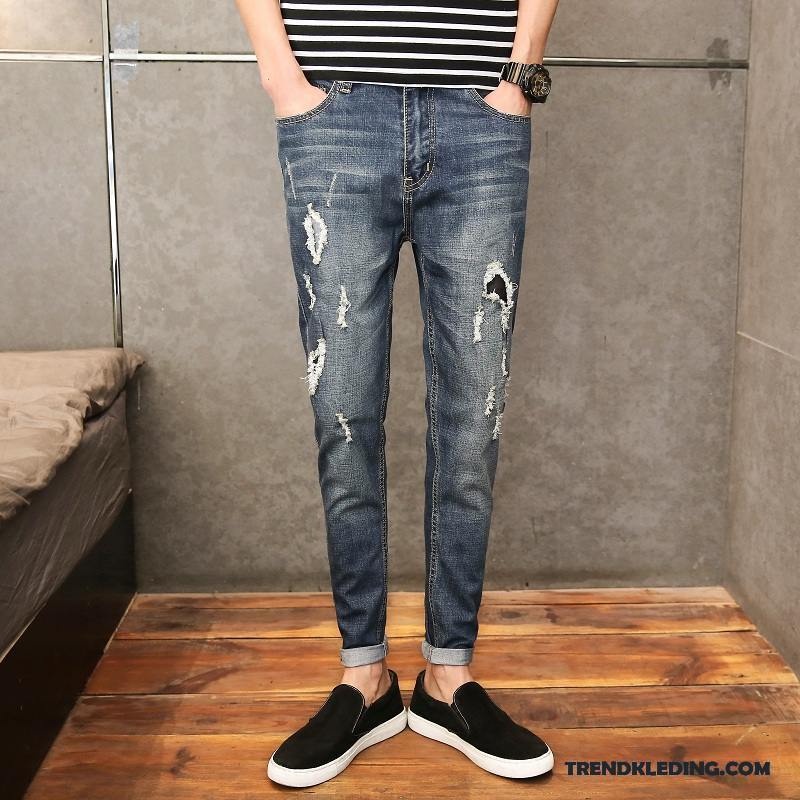 Spijkerbroek Heren Slim Fit Spijkerbroek Jeans Gaten Mini Mannelijk Rechtdoor Blauw