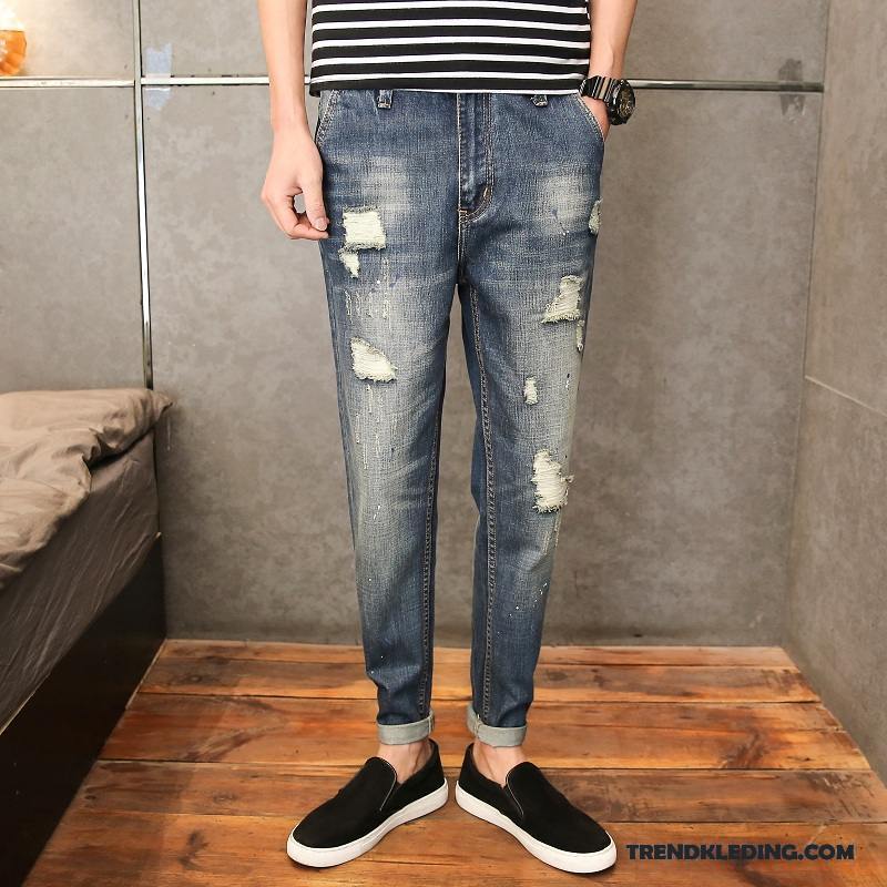 Spijkerbroek Heren Slim Fit Spijkerbroek Jeans Gaten Mini Mannelijk Rechtdoor Blauw