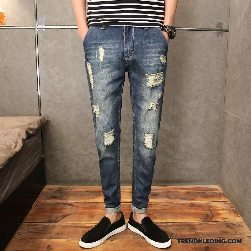 Spijkerbroek Heren Slim Fit Spijkerbroek Jeans Gaten Mini Mannelijk Rechtdoor Blauw