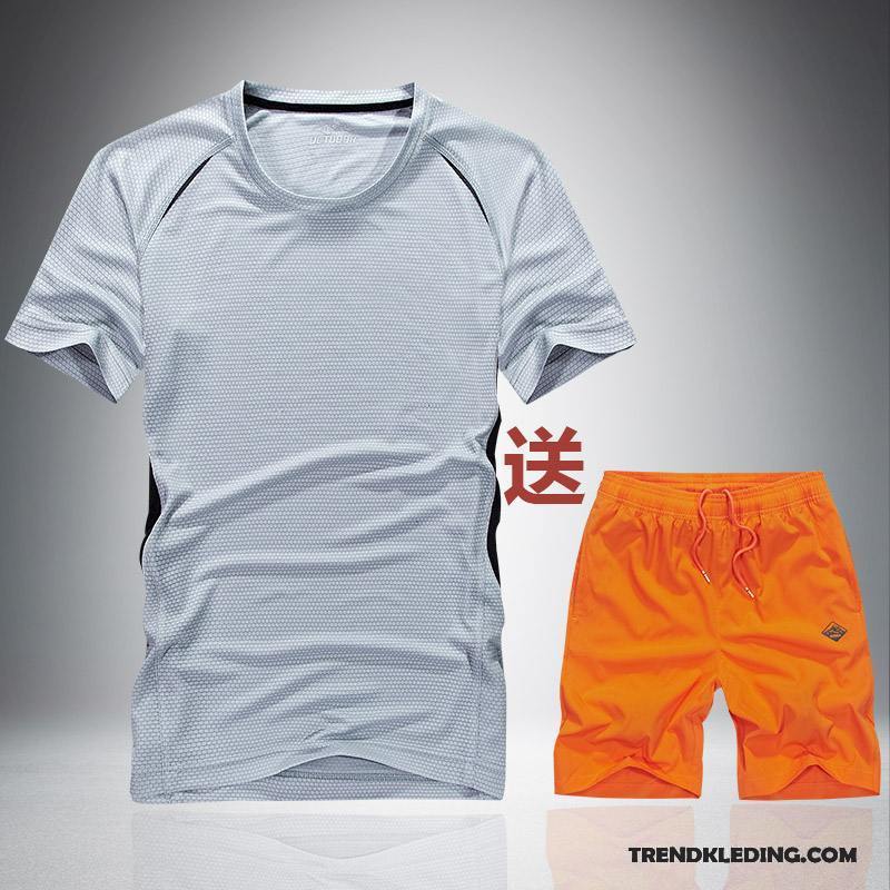 Sportkleding Heren Halve Mouw Trend Zomer Elastiek Casual Running Kleding Grijs